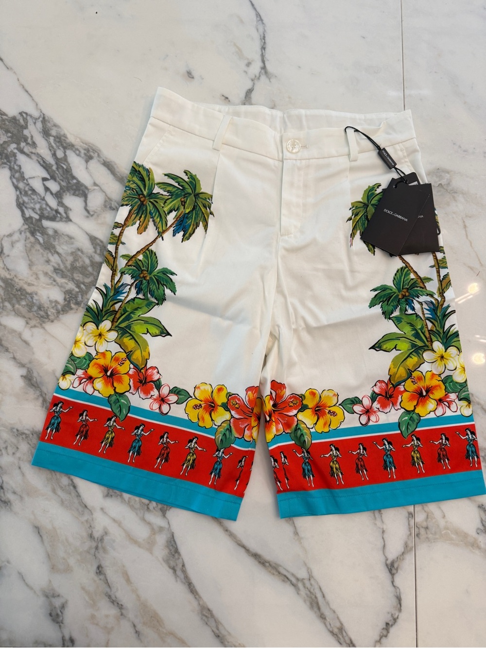 Dolce & Gabbana White Tropical Floral Kids Shorts with Red & Blue Trim